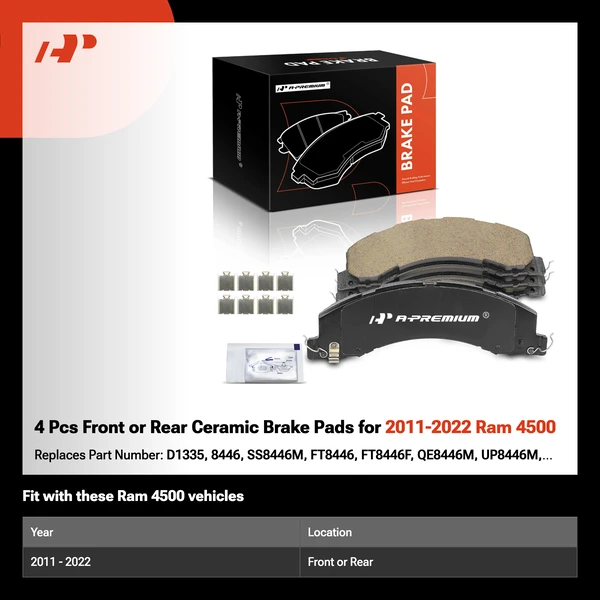 4 Pcs Front or Rear Ceramic Brake Pads for 2011-2022 Ram 4500