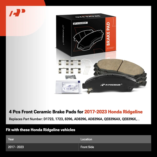4 Pcs Front Ceramic Brake Pads for 2017-2023 Honda Ridgeline