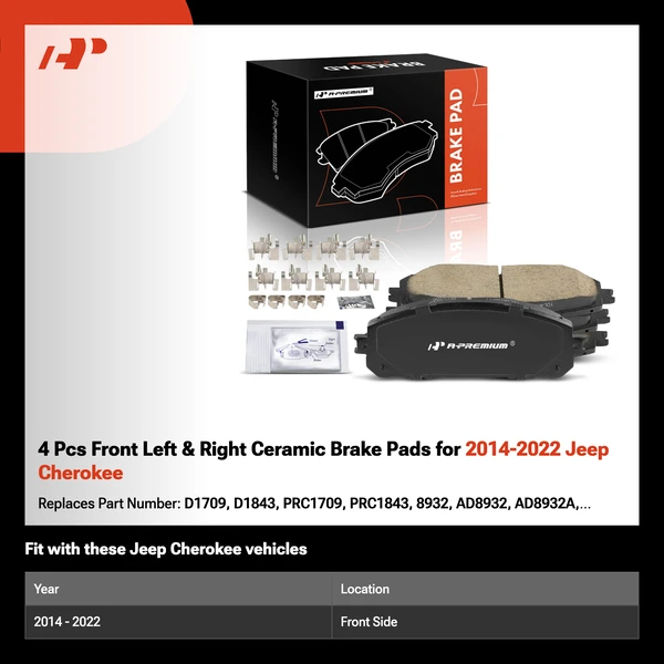4 Pcs Front Left & Right Ceramic Brake Pads for 2014-2022 Jeep Cherokee