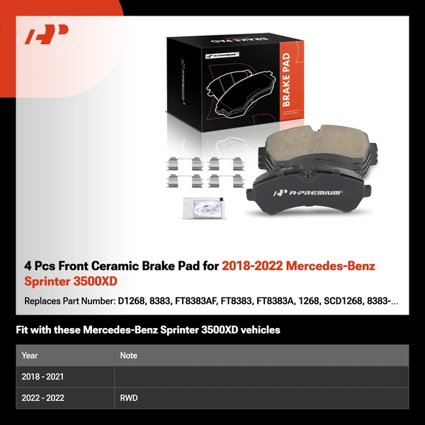 4 Pcs Front Ceramic Brake Pad for 2018-2022 Mercedes-Benz Sprinter 3500XD
