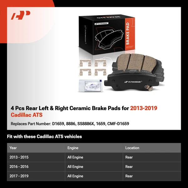 4 Pcs Rear Left & Right Ceramic Brake Pads for 2013-2019 Cadillac ATS