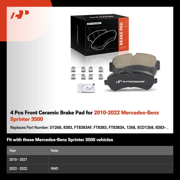 4 Pcs Front Ceramic Brake Pad for 2010-2022 Mercedes-Benz Sprinter 3500