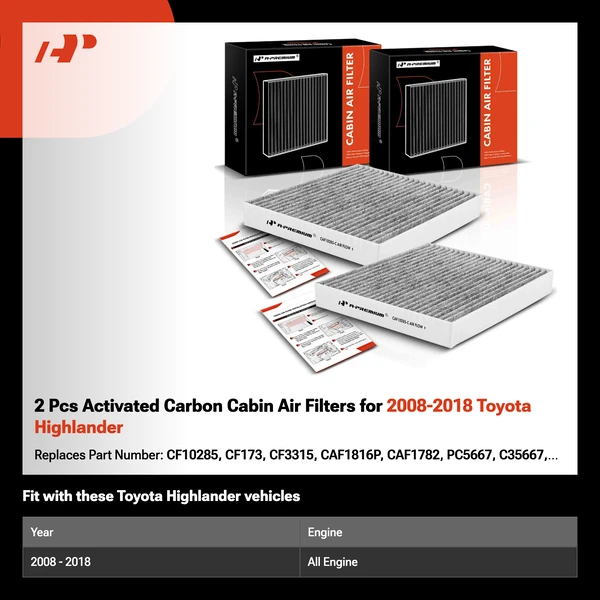 2 Pcs Activated Carbon Cabin Air Filters for 2008-2018 Toyota Highlander