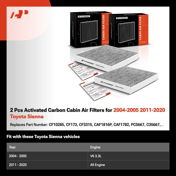2 Pcs Activated Carbon Cabin Air Filters for 2004-2005 2011-2020 Toyota Sienna