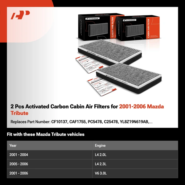 2 Pcs Activated Carbon Cabin Air Filters for 2001-2006 Mazda Tribute