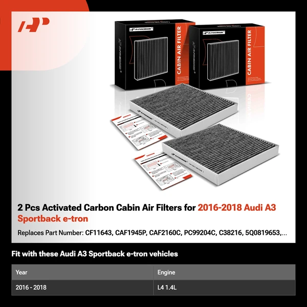 2 Pcs Activated Carbon Cabin Air Filters for 2016-2018 Audi A3 Sportback e-tron