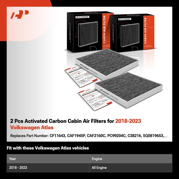 2 Pcs Activated Carbon Cabin Air Filters for 2018-2023 Volkswagen Atlas