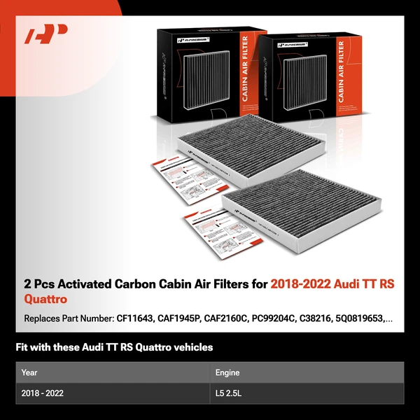 2 Pcs Activated Carbon Cabin Air Filters for 2018-2022 Audi TT RS Quattro