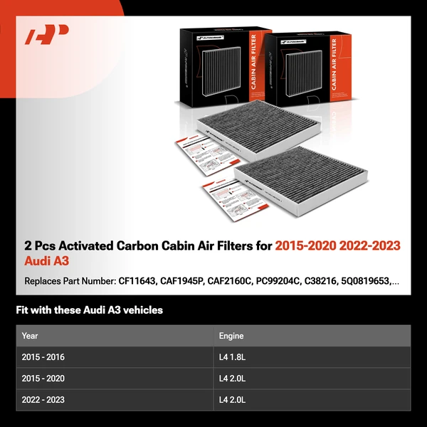 2 Pcs Activated Carbon Cabin Air Filters for 2015-2020 2022-2023 Audi A3