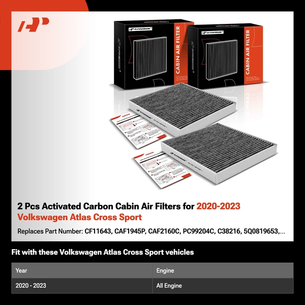 2 Pcs Activated Carbon Cabin Air Filters for 2020-2023 Volkswagen Atlas Cross Sport