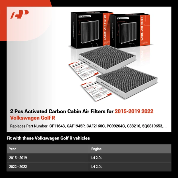 2 Pcs Activated Carbon Cabin Air Filters for 2015-2019 2022 Volkswagen Golf R