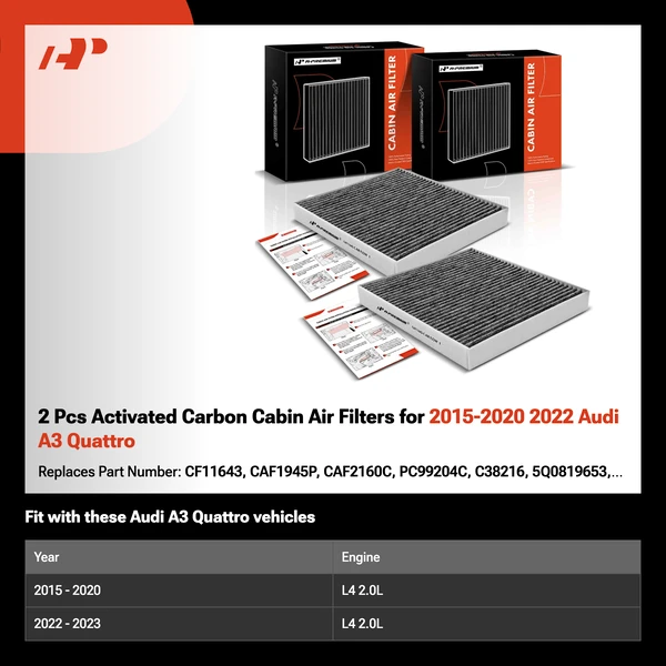 2 Pcs Activated Carbon Cabin Air Filters for 2015-2020 2022 Audi A3 Quattro
