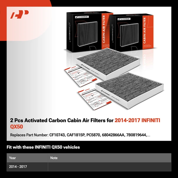 2 Pcs Activated Carbon Cabin Air Filters for 2014-2017 INFINITI QX50
