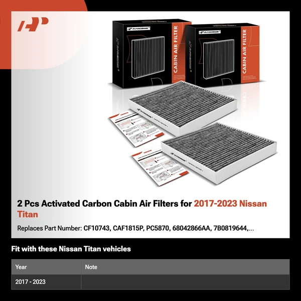 2 Pcs Activated Carbon Cabin Air Filters for 2017-2023 Nissan Titan