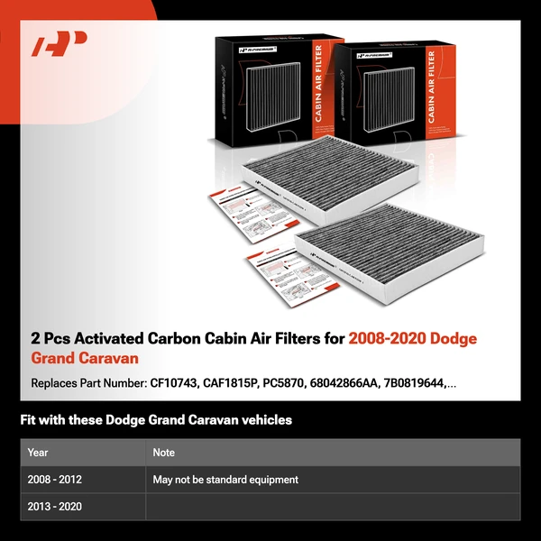 2 Pcs Activated Carbon Cabin Air Filters for 2008-2020 Dodge Grand Caravan