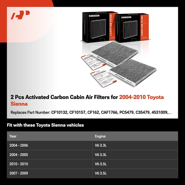 2 Pcs Activated Carbon Cabin Air Filters for 2004-2010 Toyota Sienna