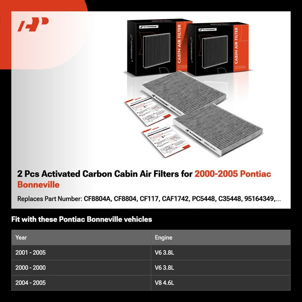 2 Pcs Activated Carbon Cabin Air Filters for 2000-2005 Pontiac Bonneville
