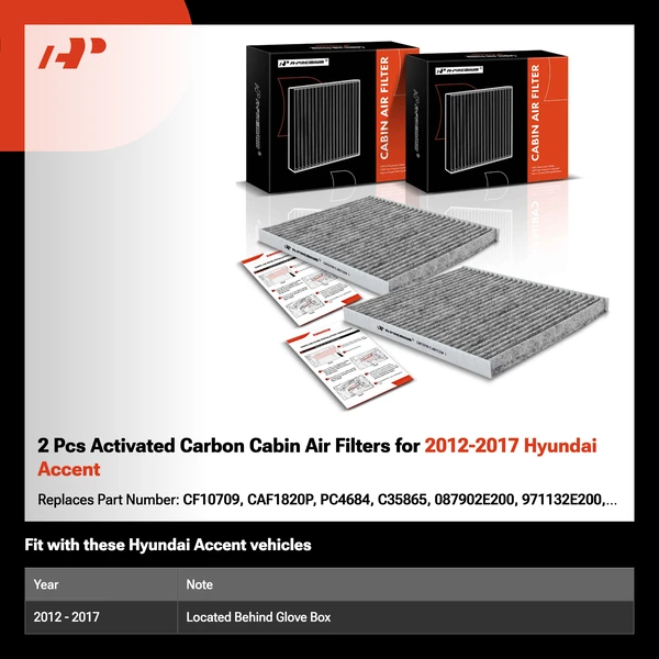 2 Pcs Activated Carbon Cabin Air Filters for 2012-2017 Hyundai Accent