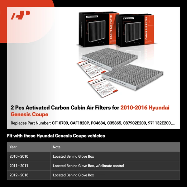 2 Pcs Activated Carbon Cabin Air Filters for 2010-2016 Hyundai Genesis Coupe