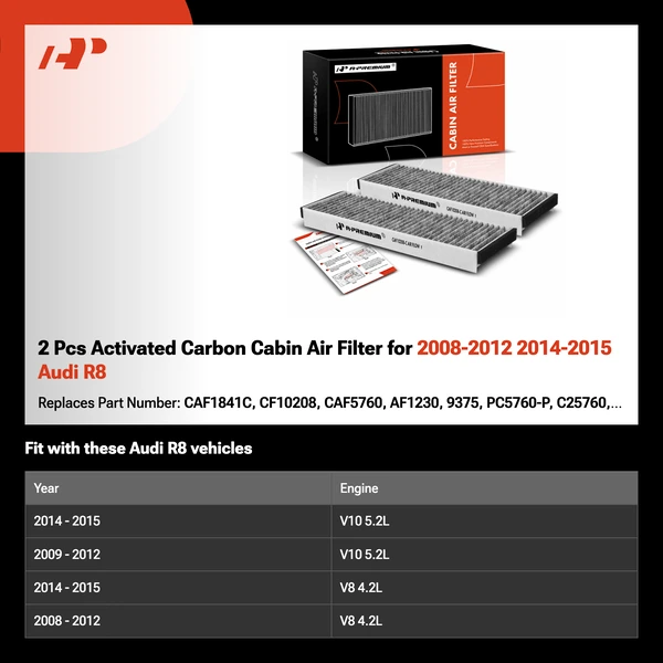 2 Pcs Activated Carbon Cabin Air Filter for 2008-2012 2014-2015 Audi R8
