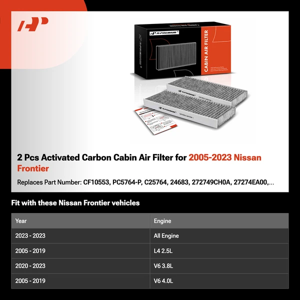 2 Pcs Activated Carbon Cabin Air Filter for 2005-2023 Nissan Frontier