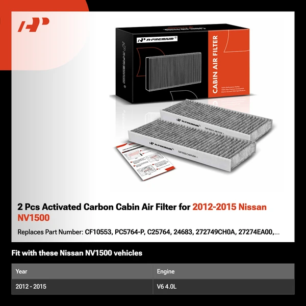 2 Pcs Activated Carbon Cabin Air Filter for 2012-2015 Nissan NV1500