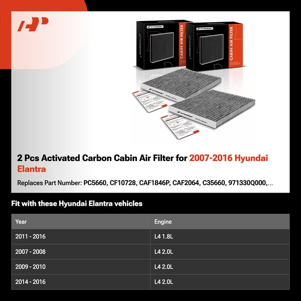 2 Pcs Activated Carbon Cabin Air Filter for 2007-2016 Hyundai Elantra