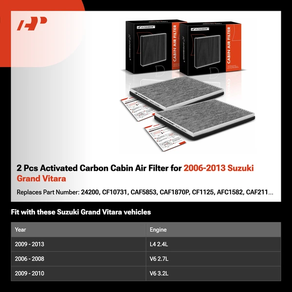 2 Pcs Activated Carbon Cabin Air Filter for 2006-2013 Suzuki Grand Vitara