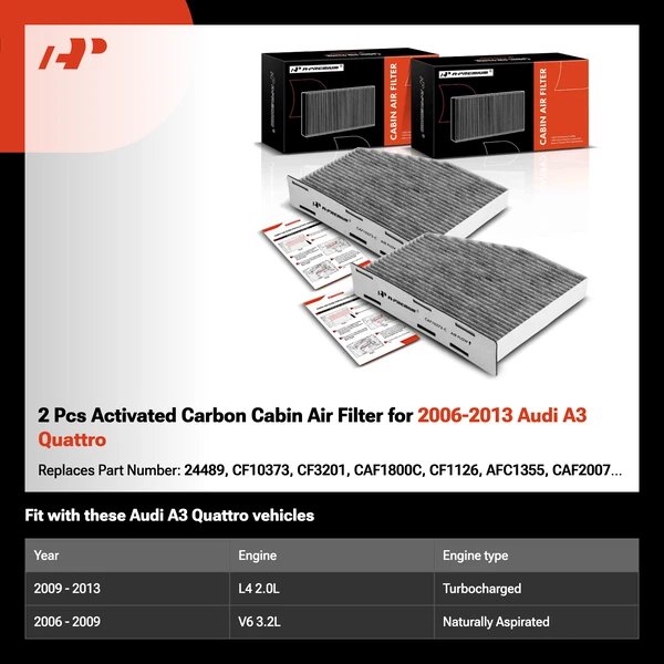 2 Pcs Activated Carbon Cabin Air Filter for 2006-2013 Audi A3 Quattro