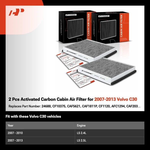 2 Pcs Activated Carbon Cabin Air Filter for 2007-2013 Volvo C30