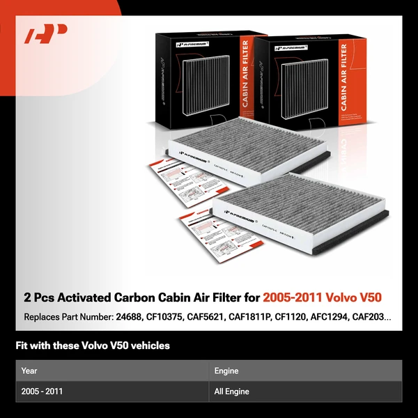 2 Pcs Activated Carbon Cabin Air Filter for 2005-2011 Volvo V50