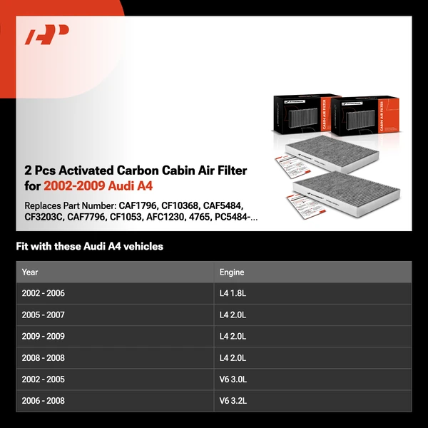 2 Pcs Activated Carbon Cabin Air Filter for 2002-2009 Audi A4