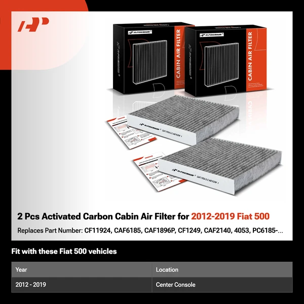 2 Pcs Activated Carbon Cabin Air Filter for 2012-2019 Fiat 500