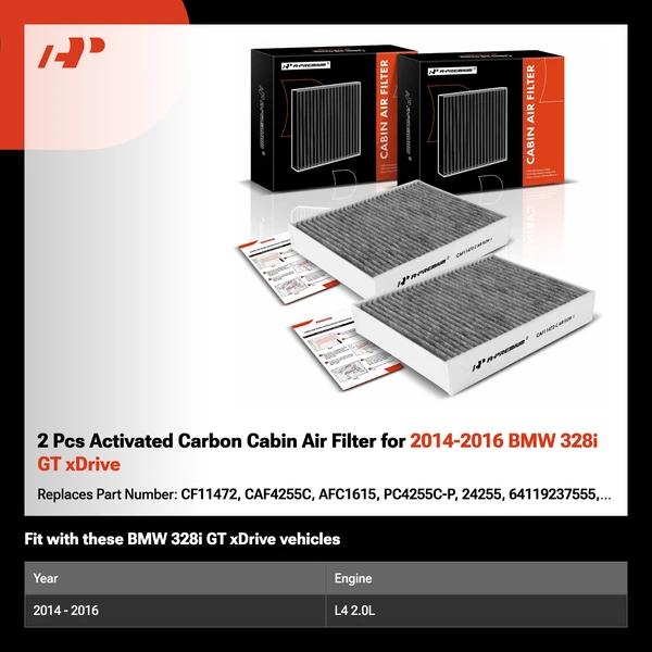 2 Pcs Activated Carbon Cabin Air Filter for 2014-2016 BMW 328i GT xDrive