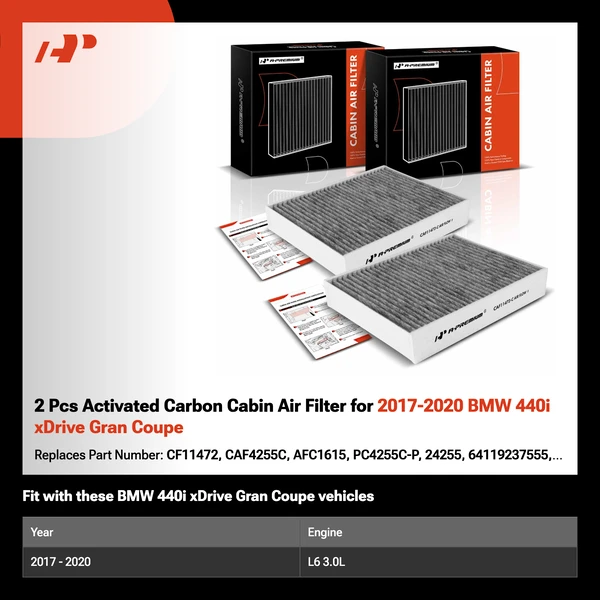 2 Pcs Activated Carbon Cabin Air Filter for 2017-2020 BMW 440i xDrive Gran Coupe