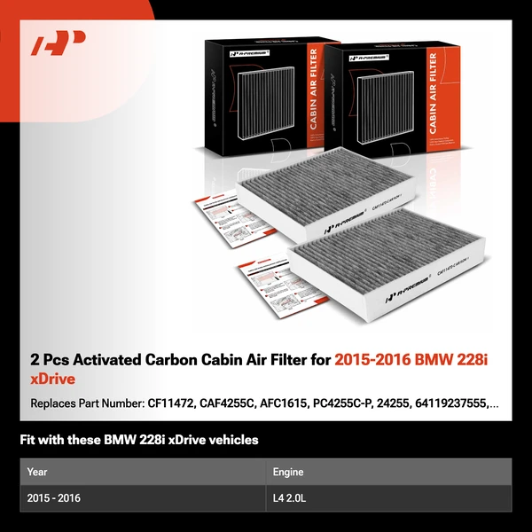 2 Pcs Activated Carbon Cabin Air Filter for 2015-2016 BMW 228i xDrive
