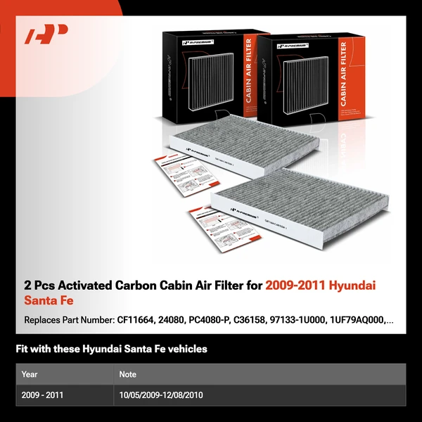 2 Pcs Activated Carbon Cabin Air Filter for 2009-2011 Hyundai Santa Fe