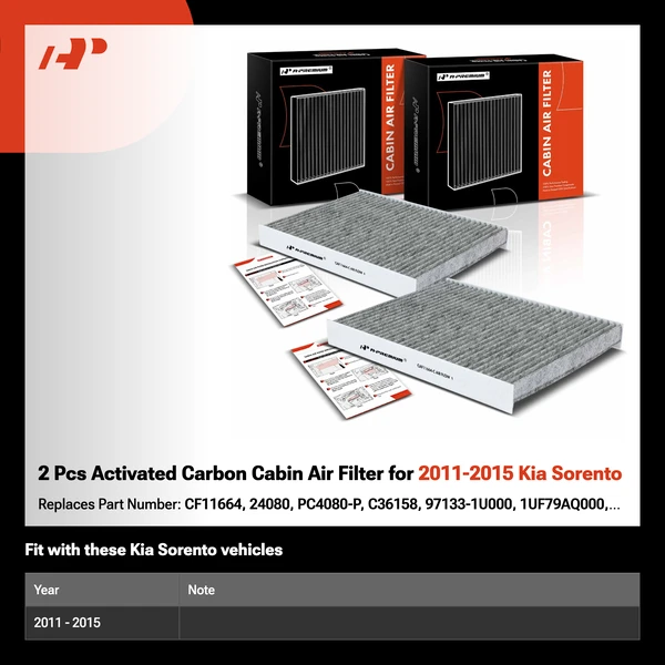2 Pcs Activated Carbon Cabin Air Filter for 2011-2015 Kia Sorento