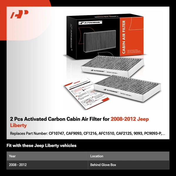 2 Pcs Activated Carbon Cabin Air Filter for 2008-2012 Jeep Liberty