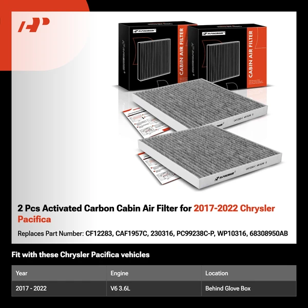 2 Pcs Activated Carbon Cabin Air Filter for 2017-2022 Chrysler Pacifica