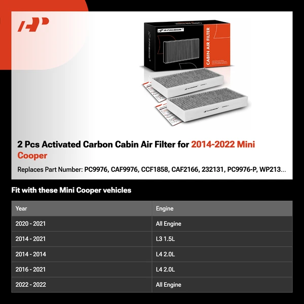 2 Pcs Activated Carbon Cabin Air Filter for 2014-2022 Mini Cooper