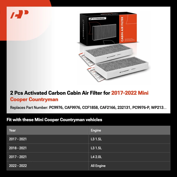 2 Pcs Activated Carbon Cabin Air Filter for 2017-2022 Mini Cooper Countryman
