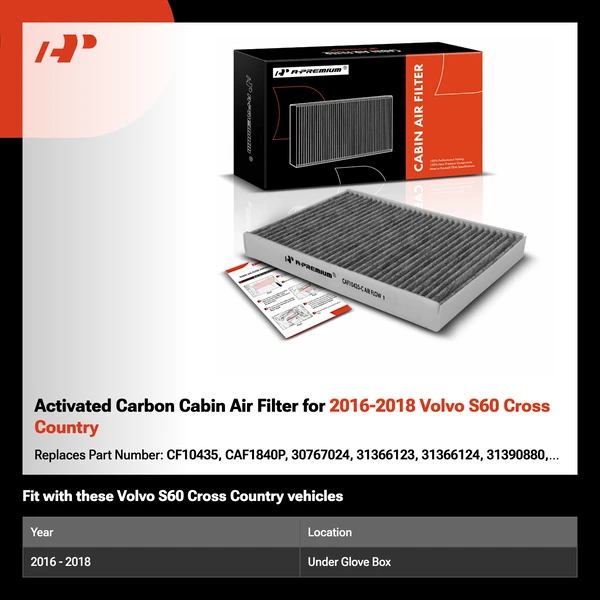 Activated Carbon Cabin Air Filter for 2016-2018 Volvo S60 Cross Country