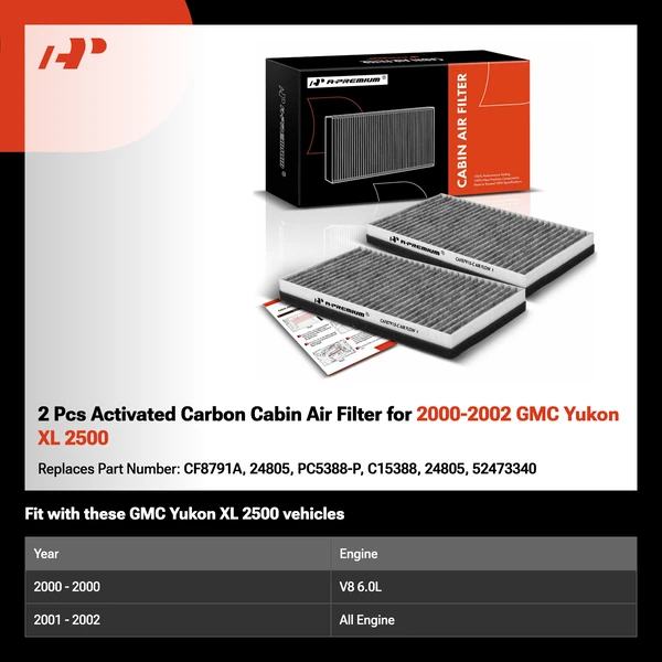 2 Pcs Activated Carbon Cabin Air Filter for 2000-2002 GMC Yukon XL 2500