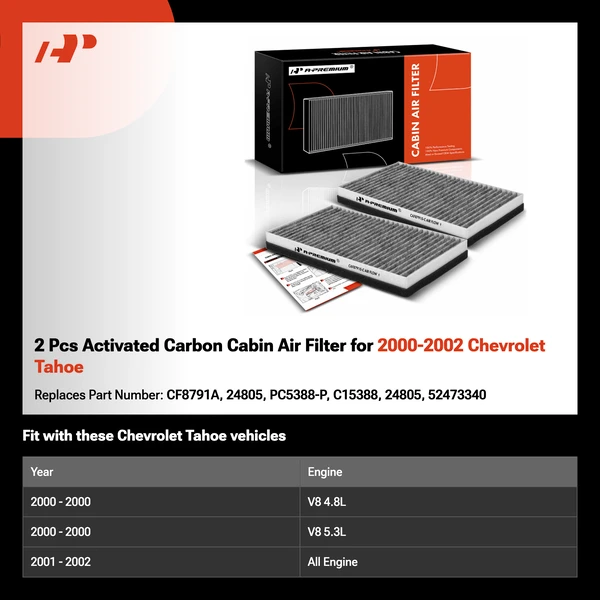 2 Pcs Activated Carbon Cabin Air Filter for 2000-2002 Chevrolet Tahoe