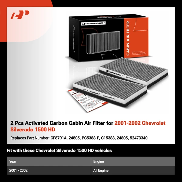 2 Pcs Activated Carbon Cabin Air Filter for 2001-2002 Chevrolet Silverado 1500 HD