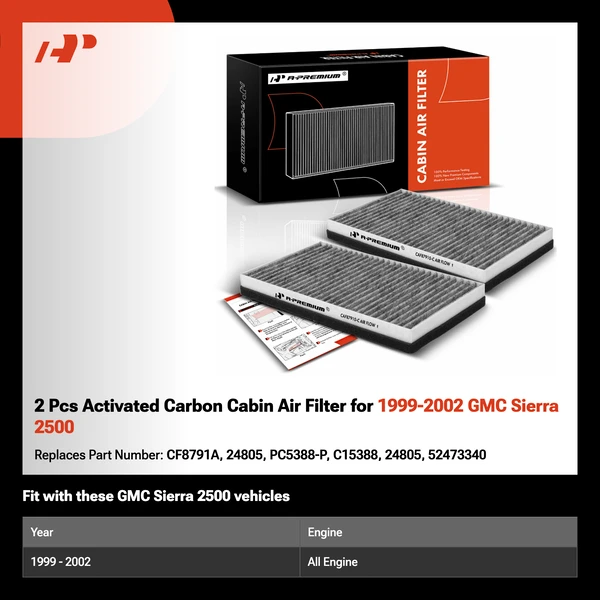 2 Pcs Activated Carbon Cabin Air Filter for 1999-2002 GMC Sierra 2500