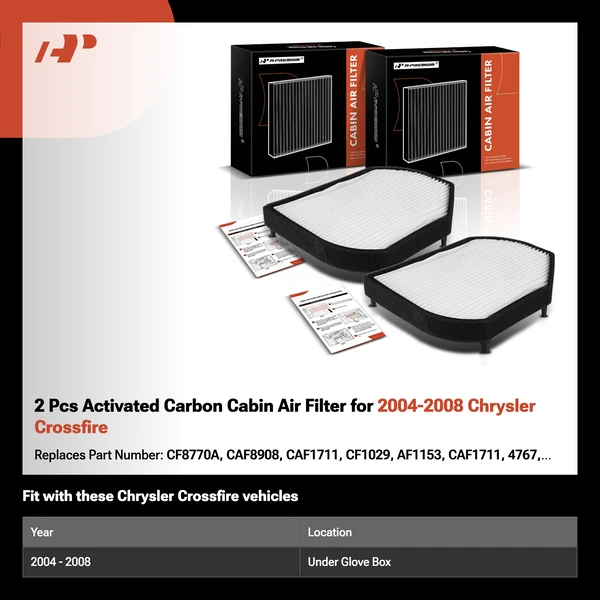2 Pcs Activated Carbon Cabin Air Filter for 2004-2008 Chrysler Crossfire