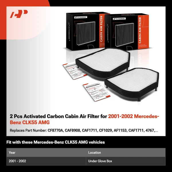 2 Pcs Activated Carbon Cabin Air Filter for 2001-2002 Mercedes-Benz CLK55 AMG