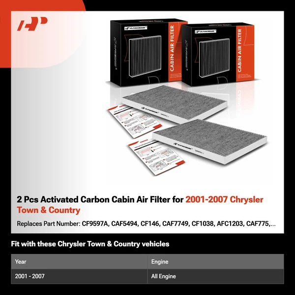 2 Pcs Activated Carbon Cabin Air Filter for 2001-2007 Chrysler Town & Country